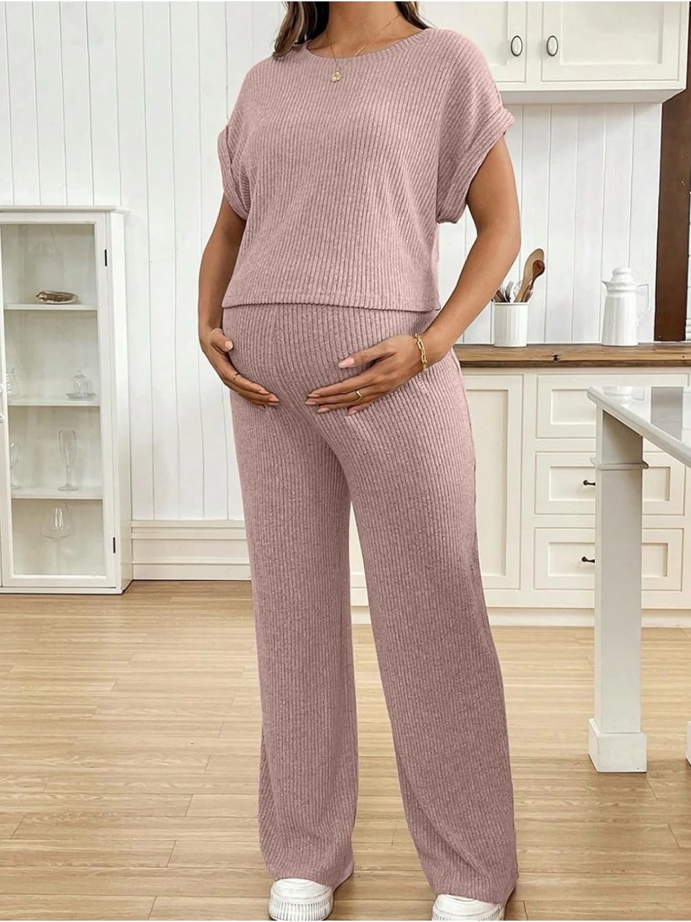 Maternity Loungewear - Ribbed Knit Crew Two Piece Set in Mauve PINK